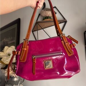 Dooney & Bourke Hot Pink Patent Leather Shoulder Bag with Tan Trim